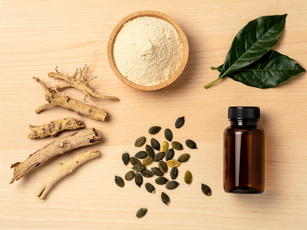 Prírodné ingrediencie pre Alpha Beast na drevenom povrchu